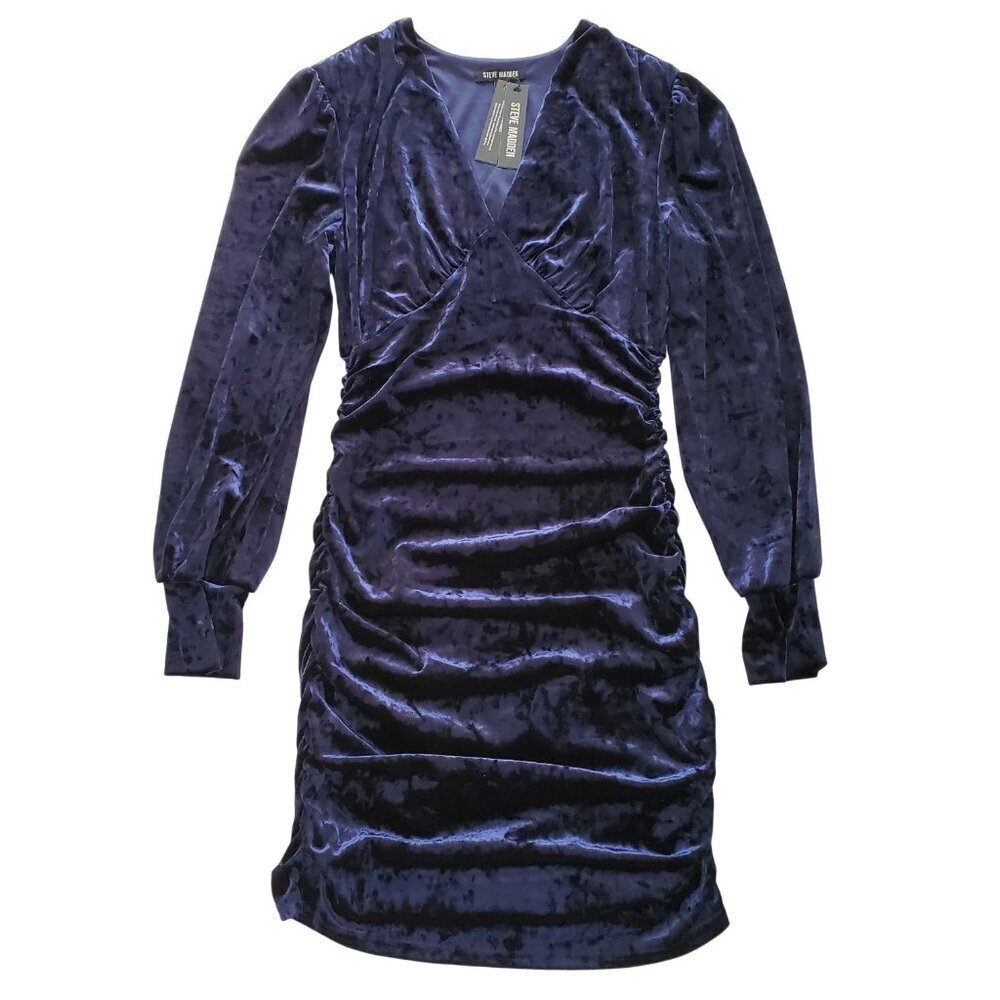 NWT Steve Madden Midnight Blue Kali Empire Waist Crushed Velvet Mini Dress L - Picture 4 of 16